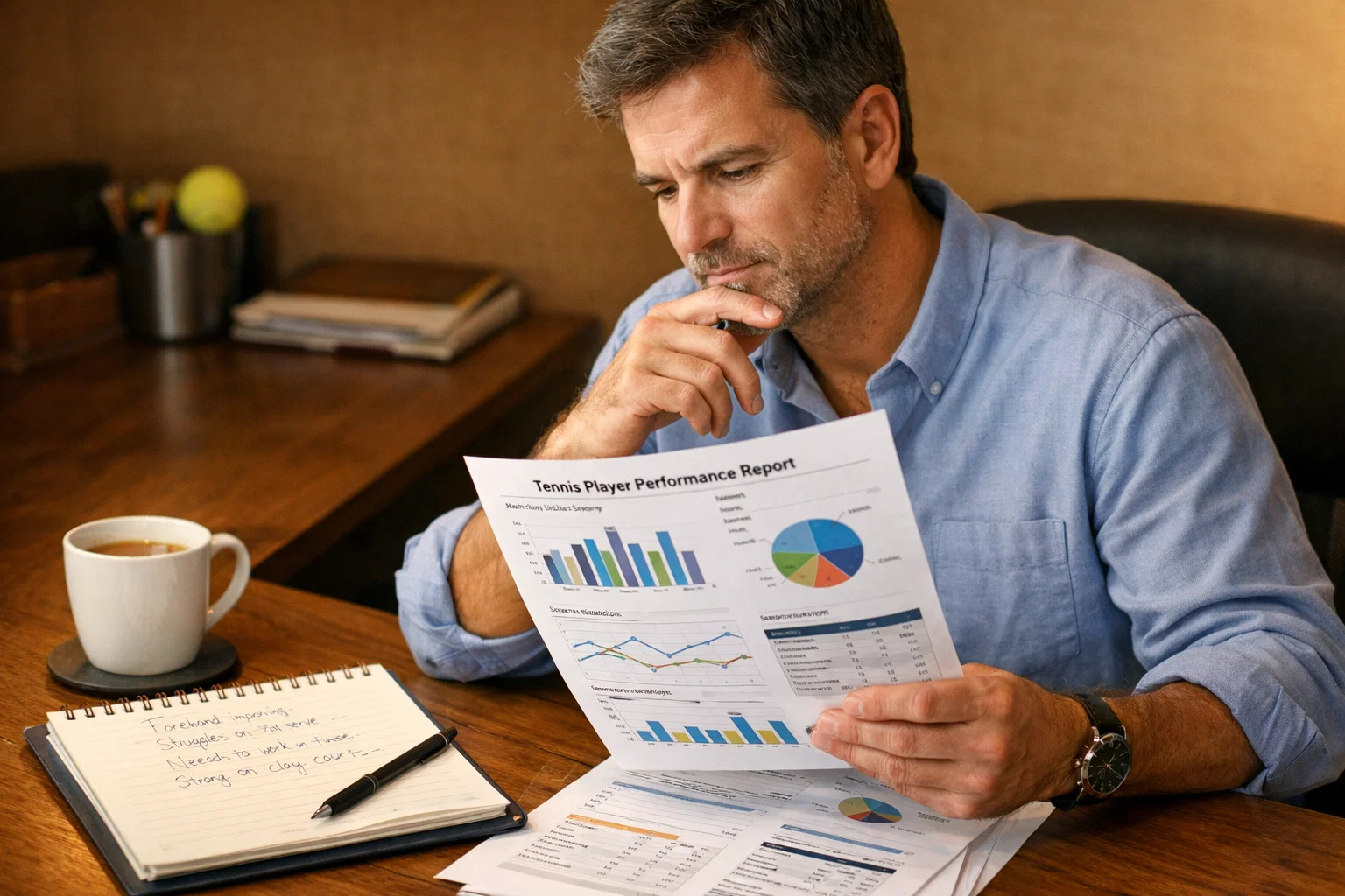 Analista sportivo che studia documenti e statistiche tennistiche