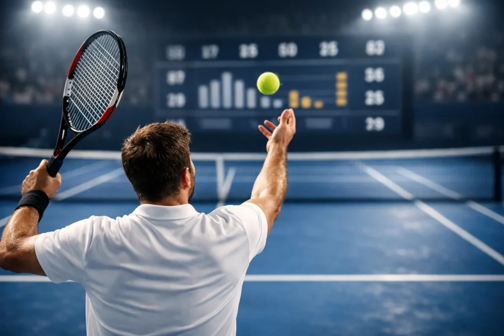 Giocatore di tennis al servizio visto da dietro con il tabellone statistiche sullo sfondo