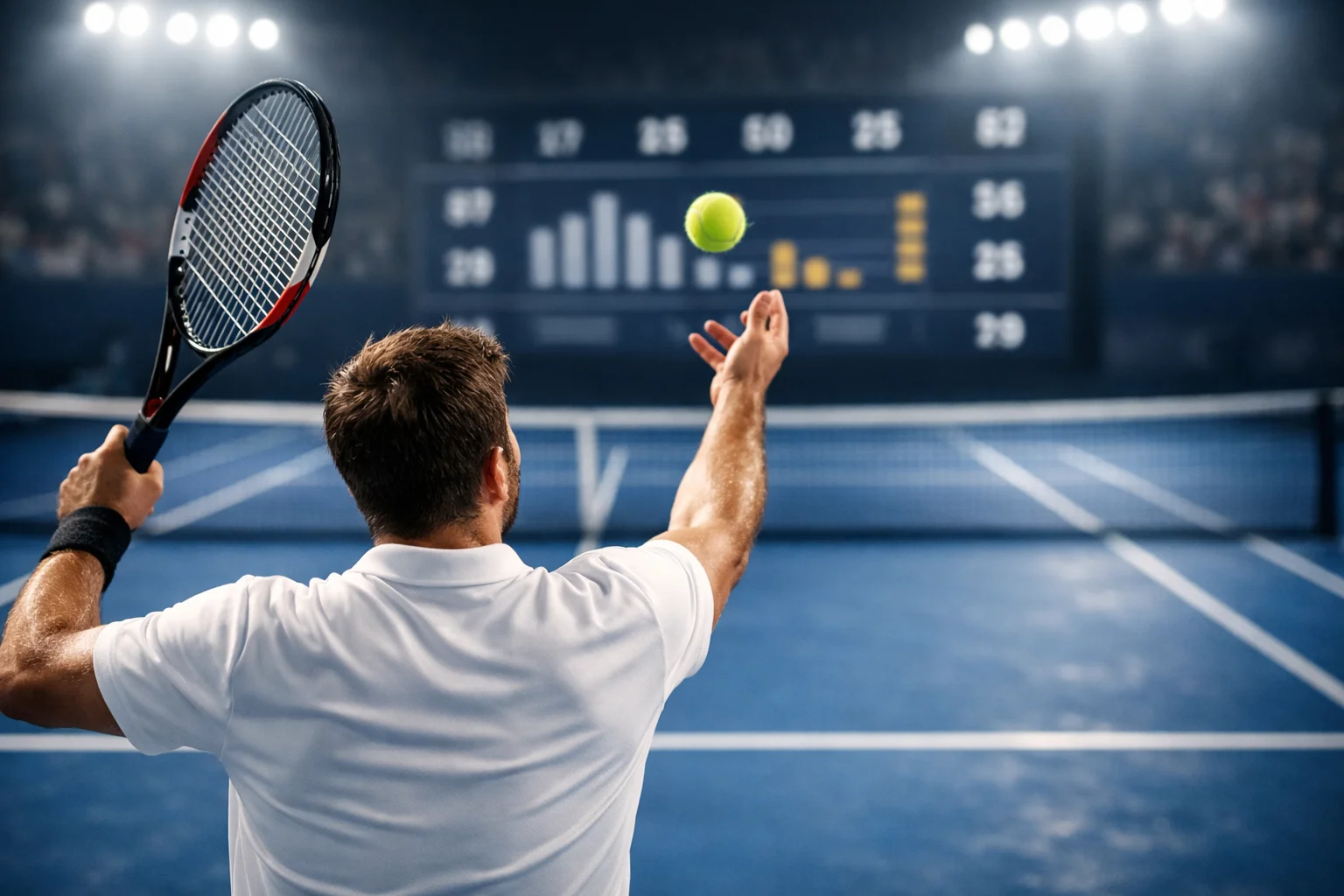Giocatore di tennis al servizio visto da dietro con il tabellone statistiche sullo sfondo