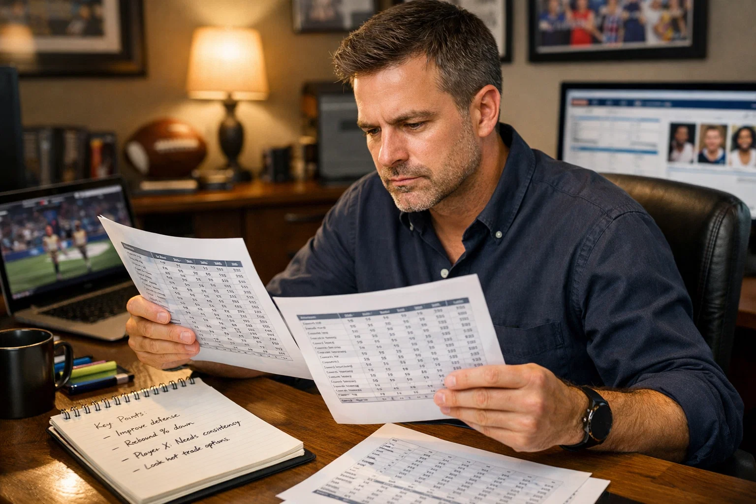 Analista che studia documenti con statistiche sportive