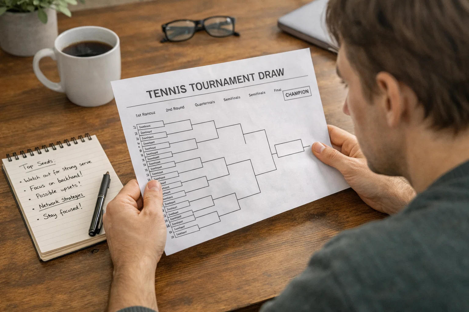 Persona che studia il tabellone di un torneo di tennis
