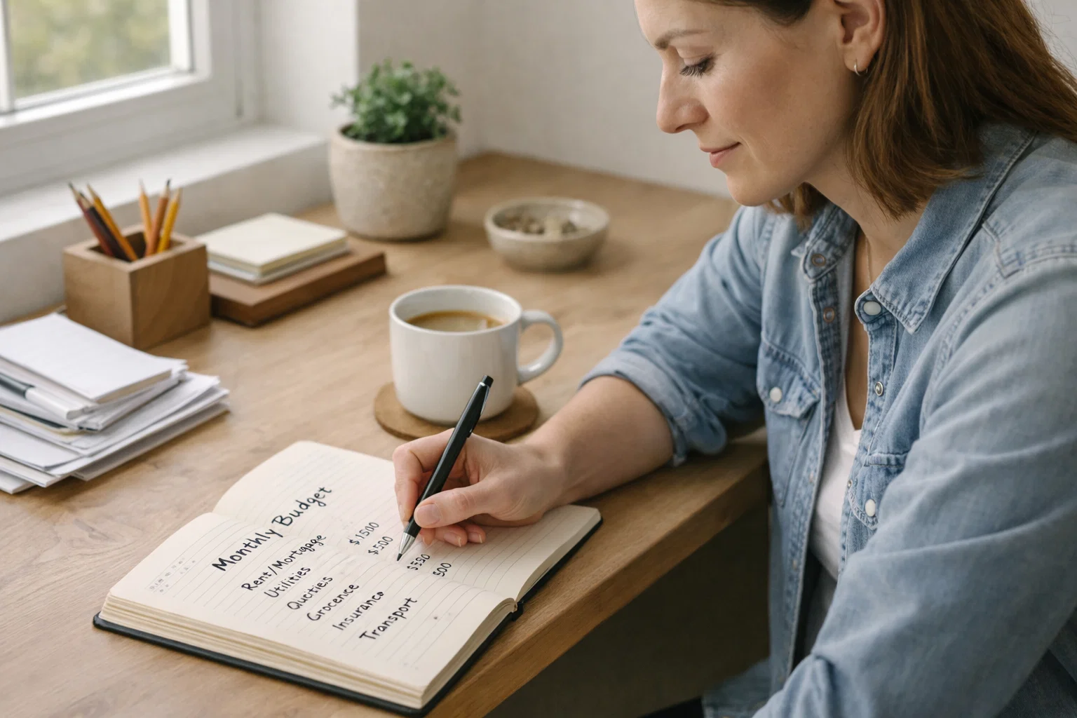 Persona che pianifica un budget su un quaderno con penna