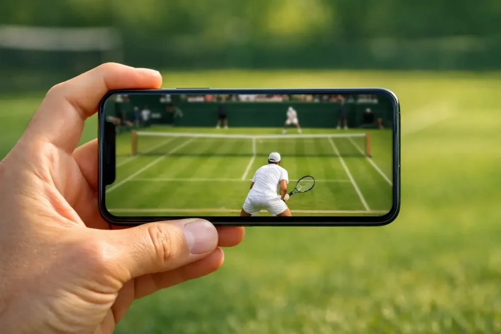 Giocatore di tennis in azione su campo in erba visto dallo smartphone durante una partita live