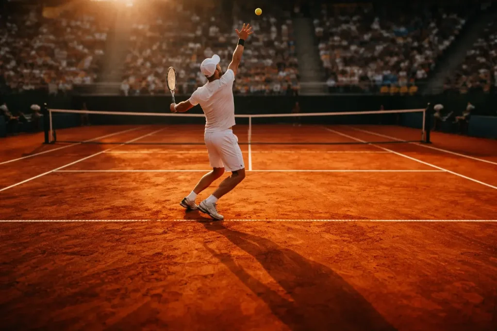 Campo da tennis in terra battuta illuminato durante un torneo professionistico