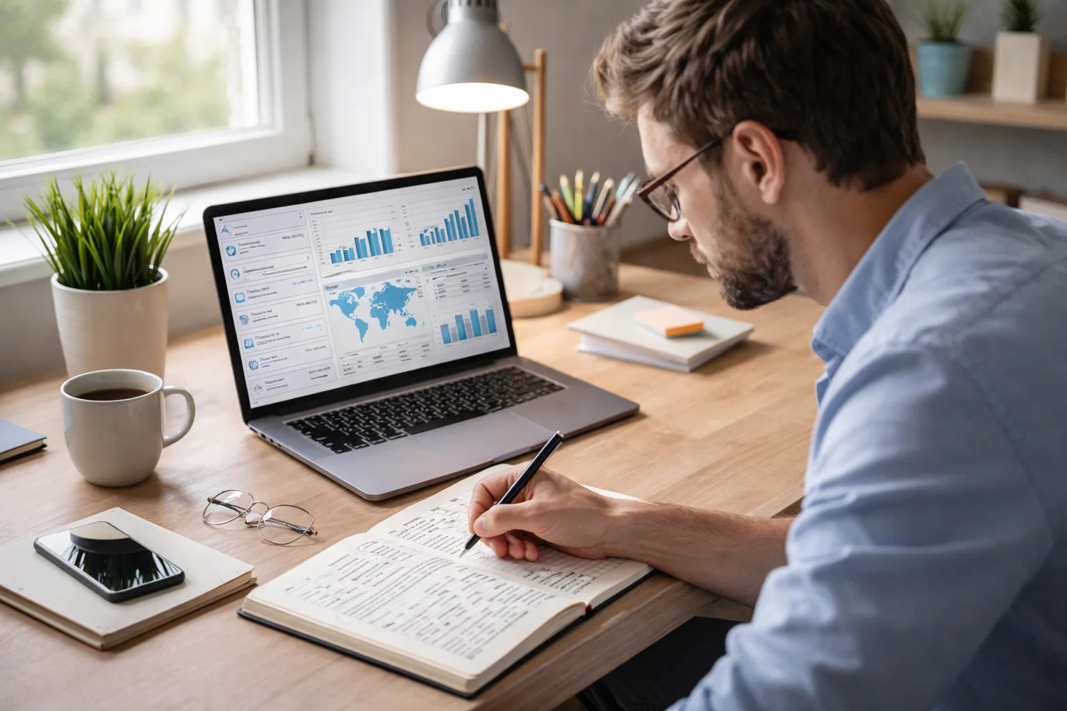 Persona che confronta informazioni su laptop e appunti