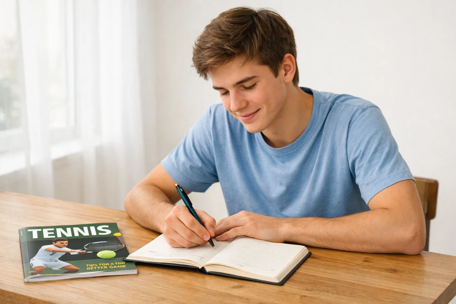 Giovane appassionato di tennis che prende appunti su un blocco note