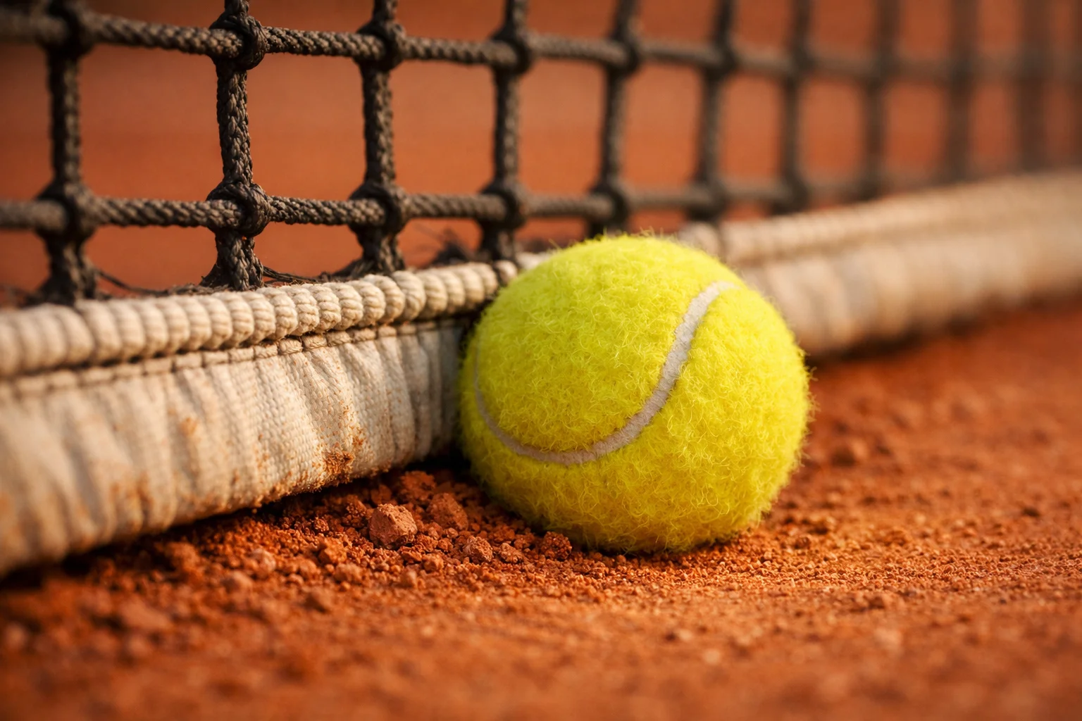 Pallina da tennis ferma contro la rete su un campo in terra battuta dopo un colpo sbagliato