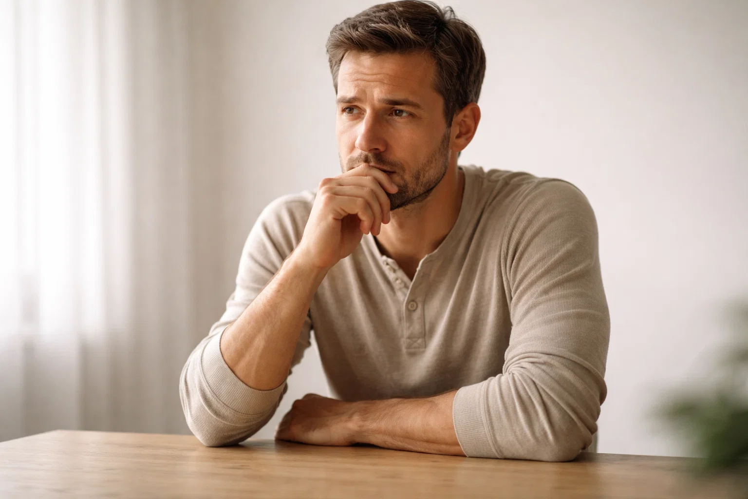 Uomo pensieroso che riflette su una decisione importante