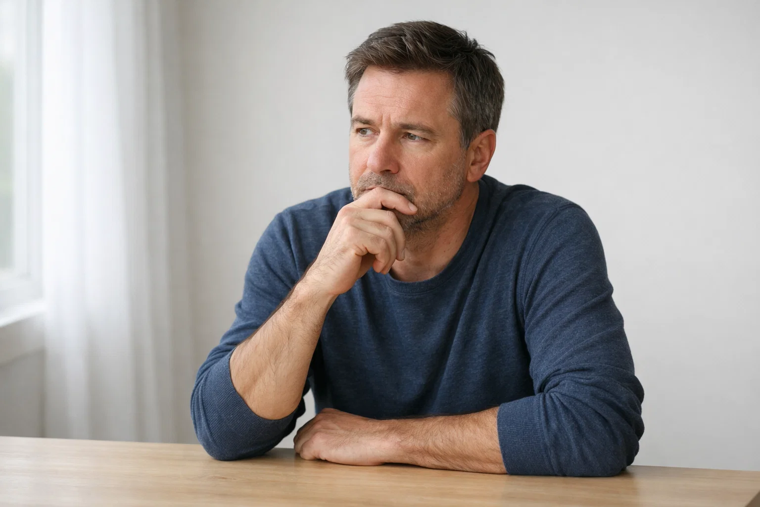 Uomo riflessivo che considera attentamente una decisione