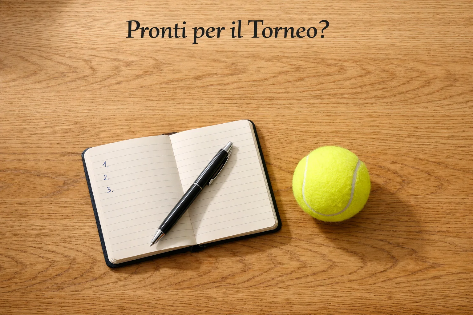 Quaderno con annotazioni e penna su una scrivania accanto a una pallina da tennis gialla