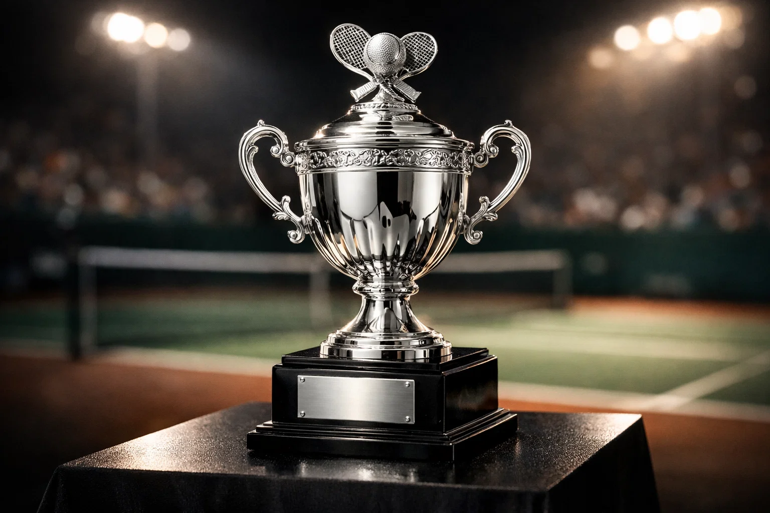 Trofeo del torneo di tennis con campo sullo sfondo