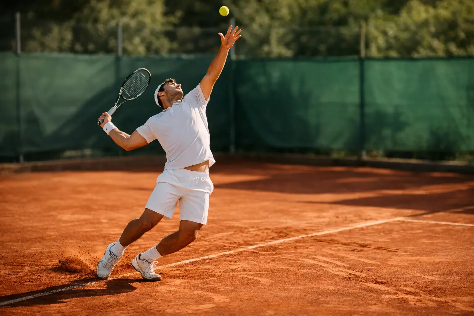 Giocatore di tennis in fase di servizio su campo in terra battuta durante un torneo professionistico