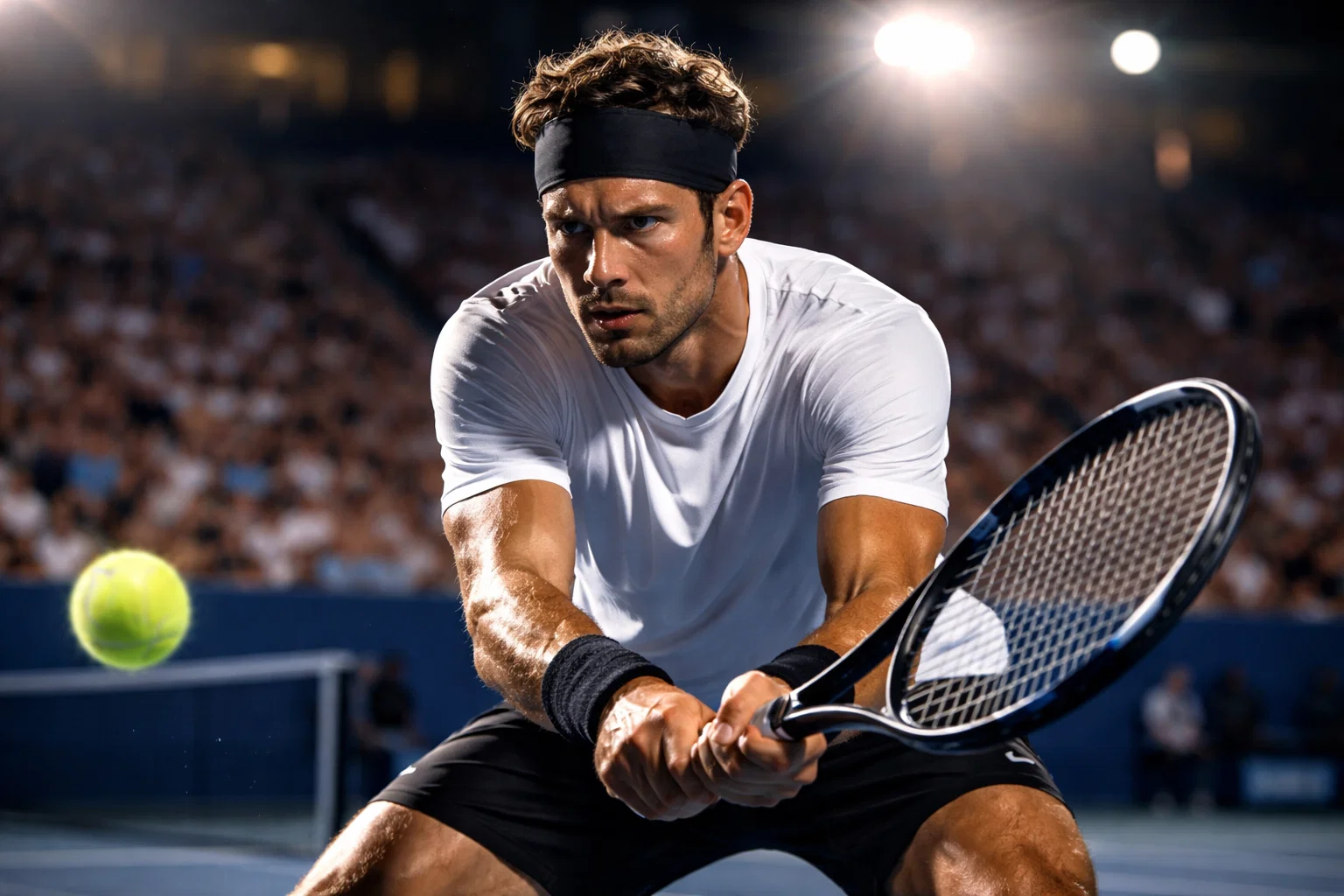 Giocatore di tennis concentrato prima di un colpo importante