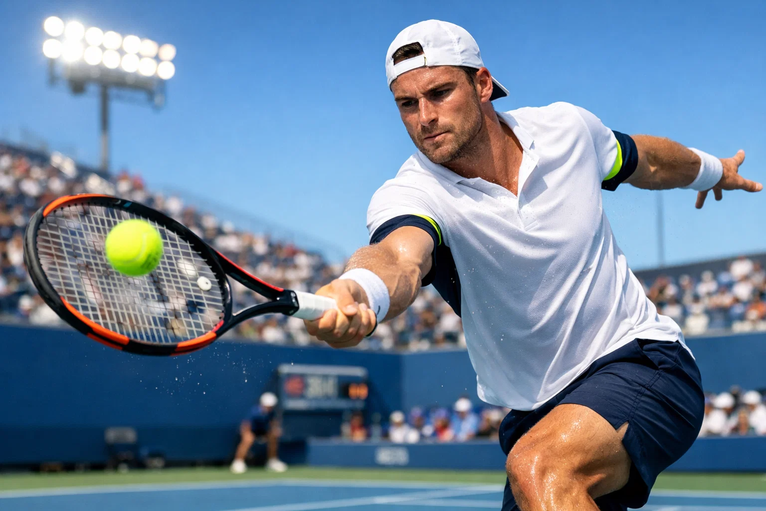 Tennista professionista in azione durante un match su campo in cemento