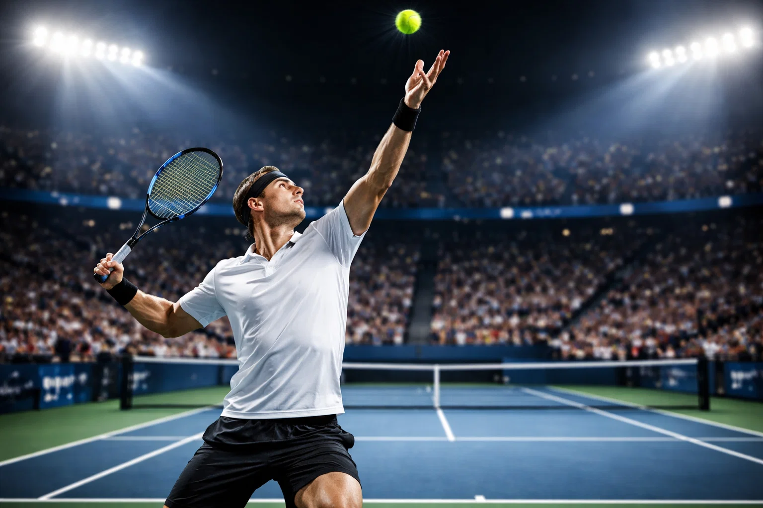 Partita di tennis live con giocatore al servizio su campo illuminato