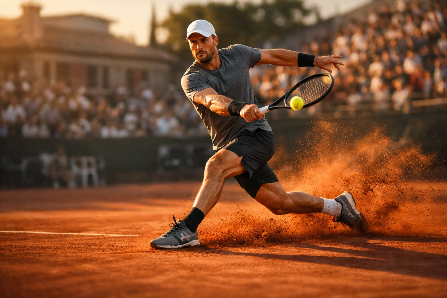 Tennista professionista in azione durante un match su campo in terra battuta