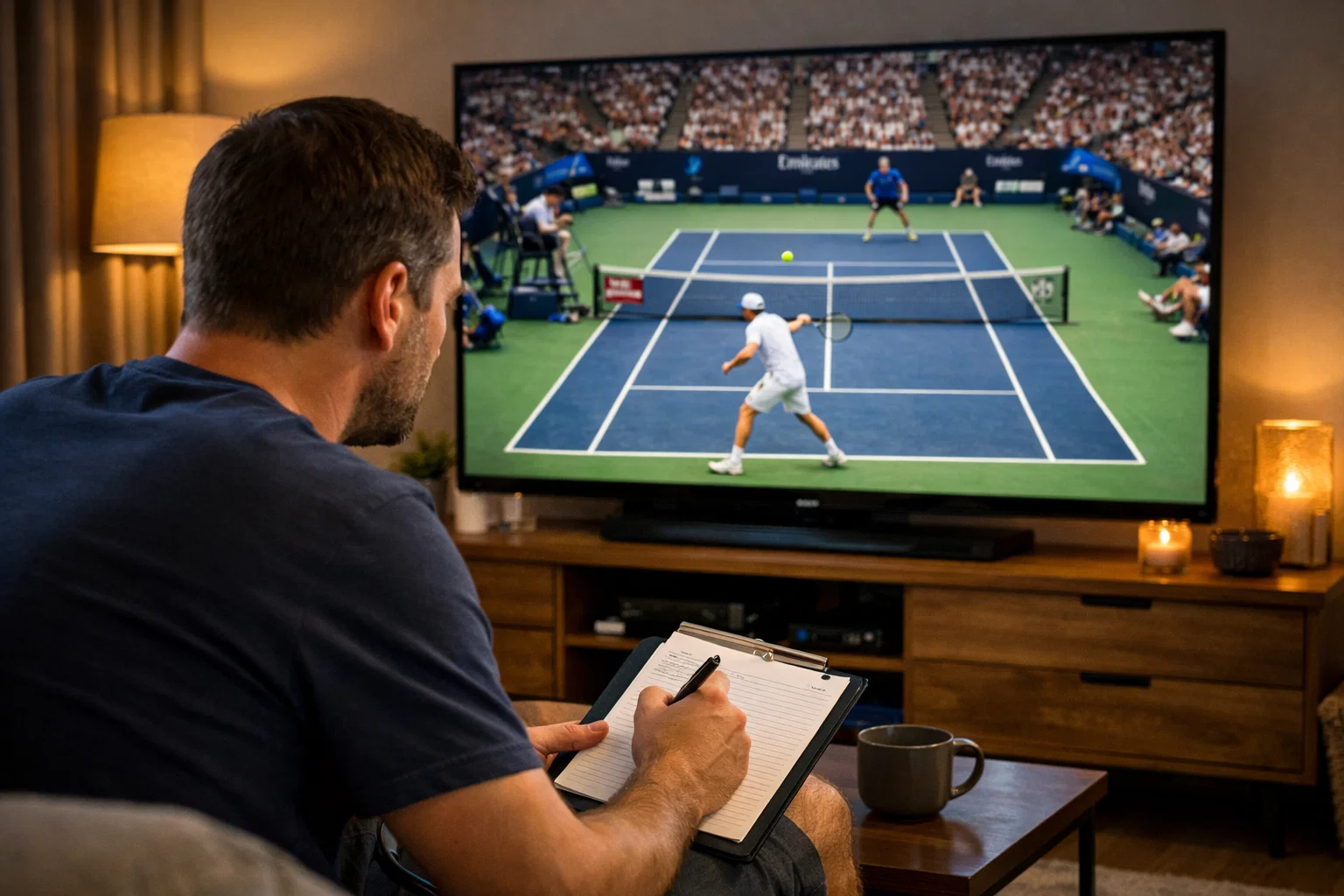 Tifoso che guarda una partita di tennis in diretta su TV