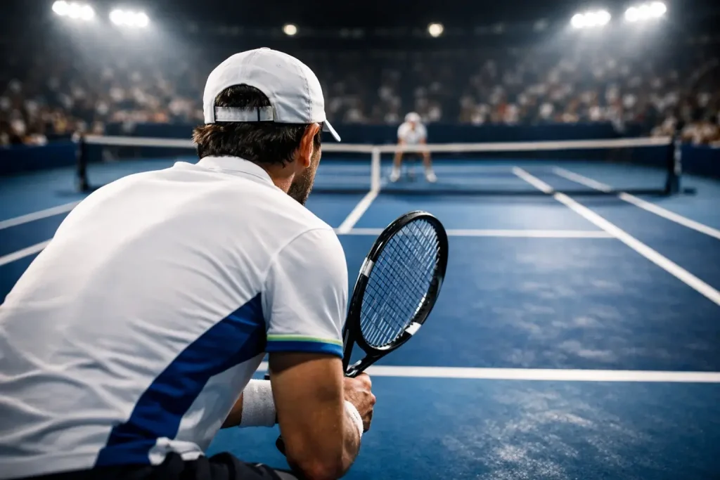 Giocatore di tennis concentrato alla risposta durante un game decisivo su campo in cemento blu