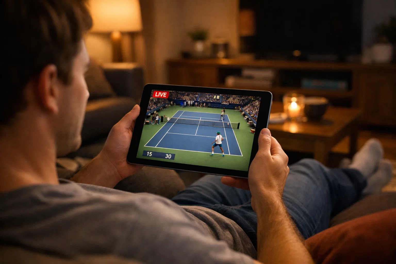 Tifoso che segue una partita di tennis sul tablet