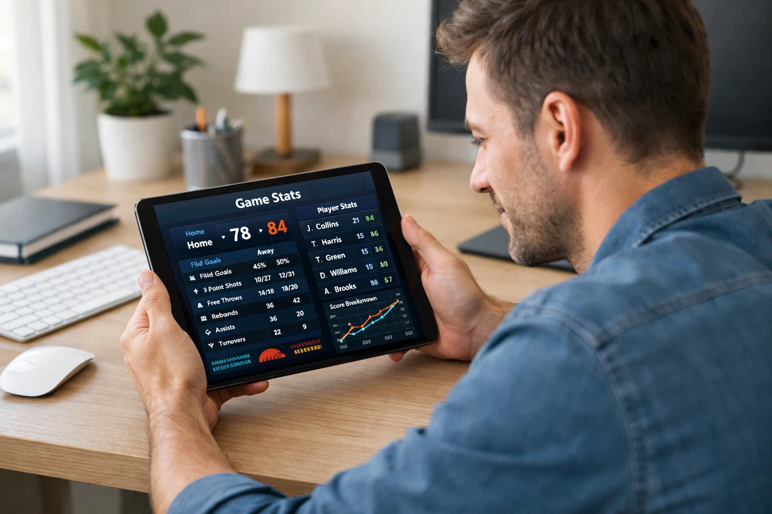 Appassionato di tennis che confronta informazioni su tablet