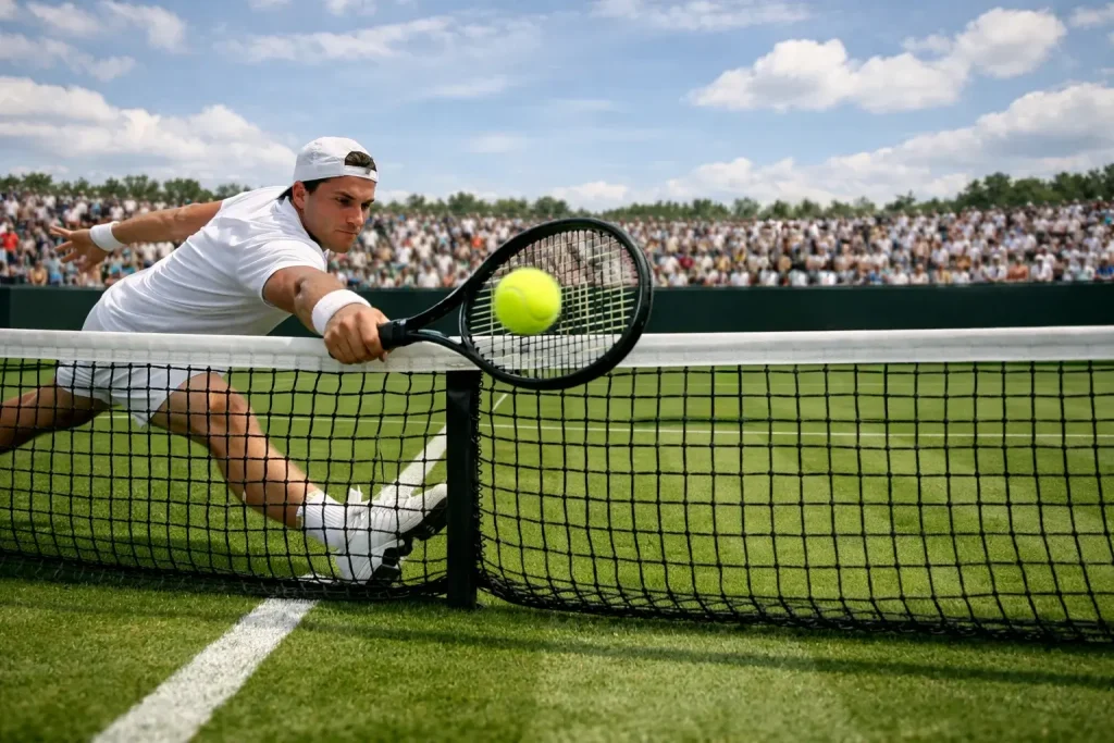 Scambio a fondo campo tra due tennisti su superficie in erba con pubblico sullo sfondo