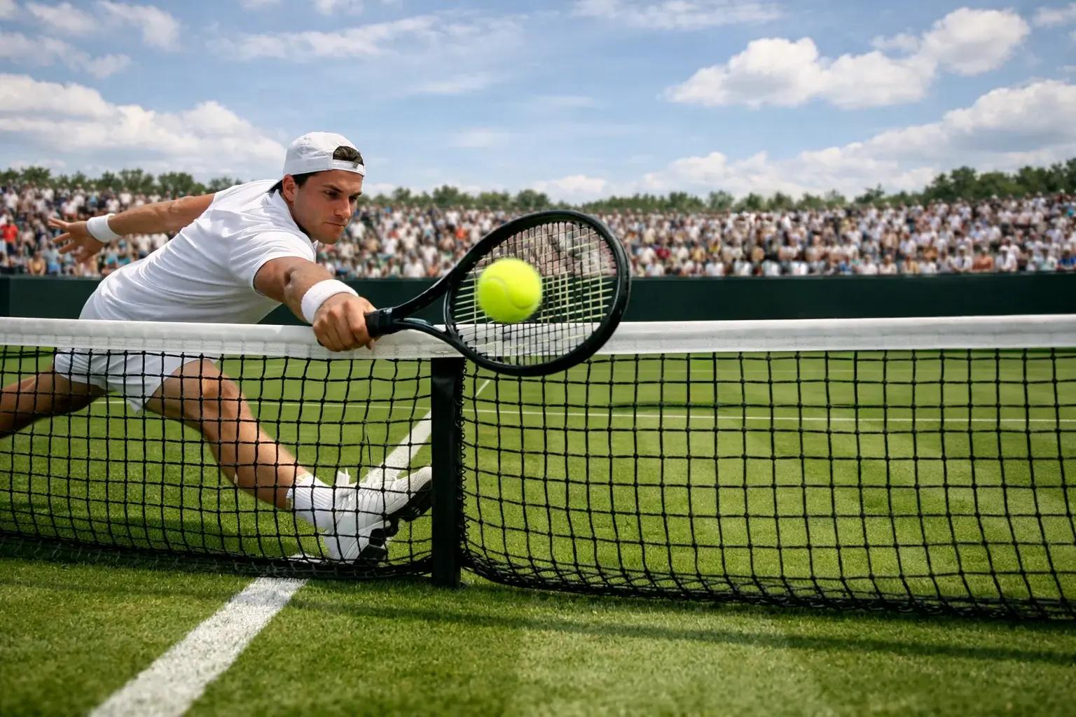 Scambio a fondo campo tra due tennisti su superficie in erba con pubblico sullo sfondo