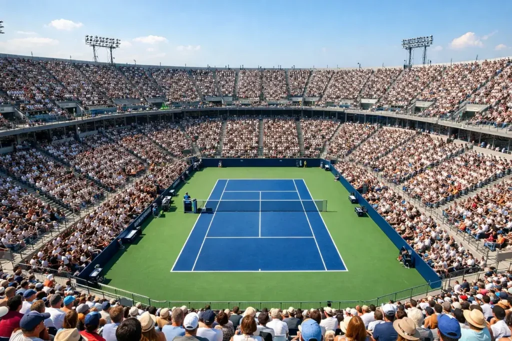 Vista panoramica di un grande stadio di tennis con il campo centrale illuminato durante un torneo serale