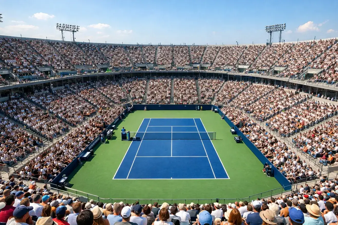 Vista panoramica di un grande stadio di tennis con il campo centrale illuminato durante un torneo serale