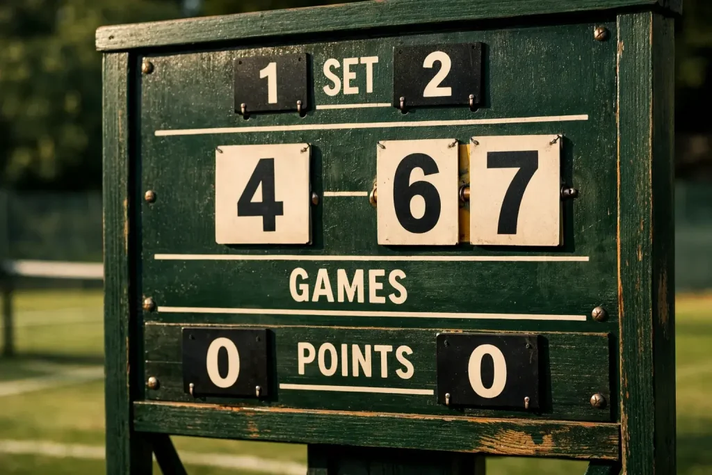 Primo piano di una lavagna segnapunti con numeri durante un torneo di tennis professionistico