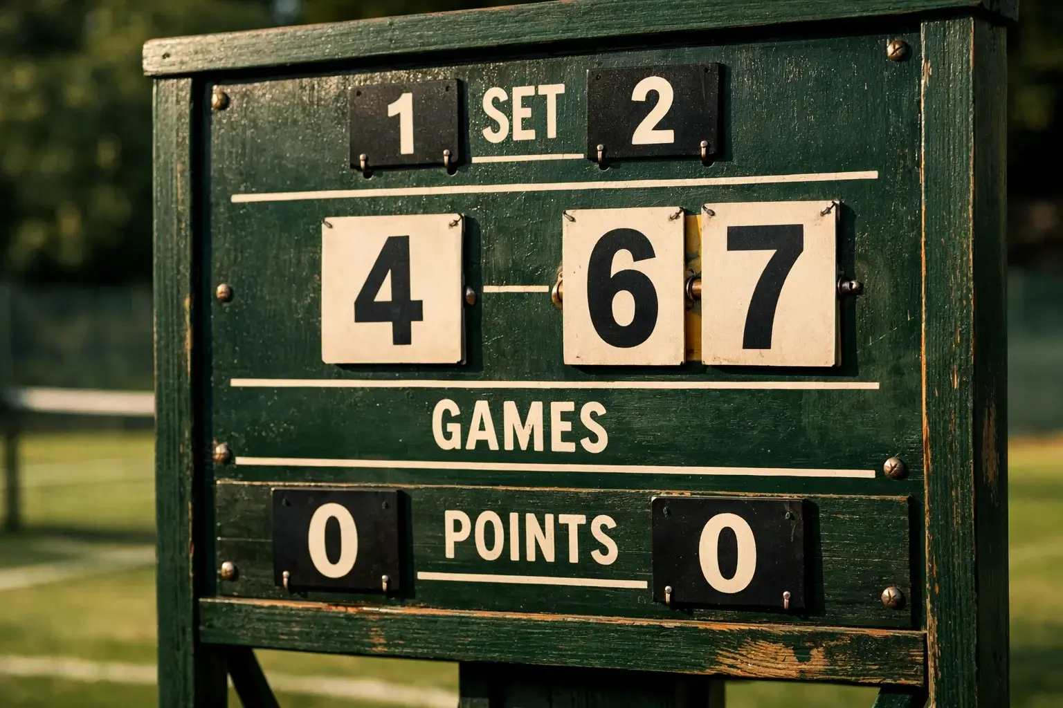 Primo piano di una lavagna segnapunti con numeri durante un torneo di tennis professionistico