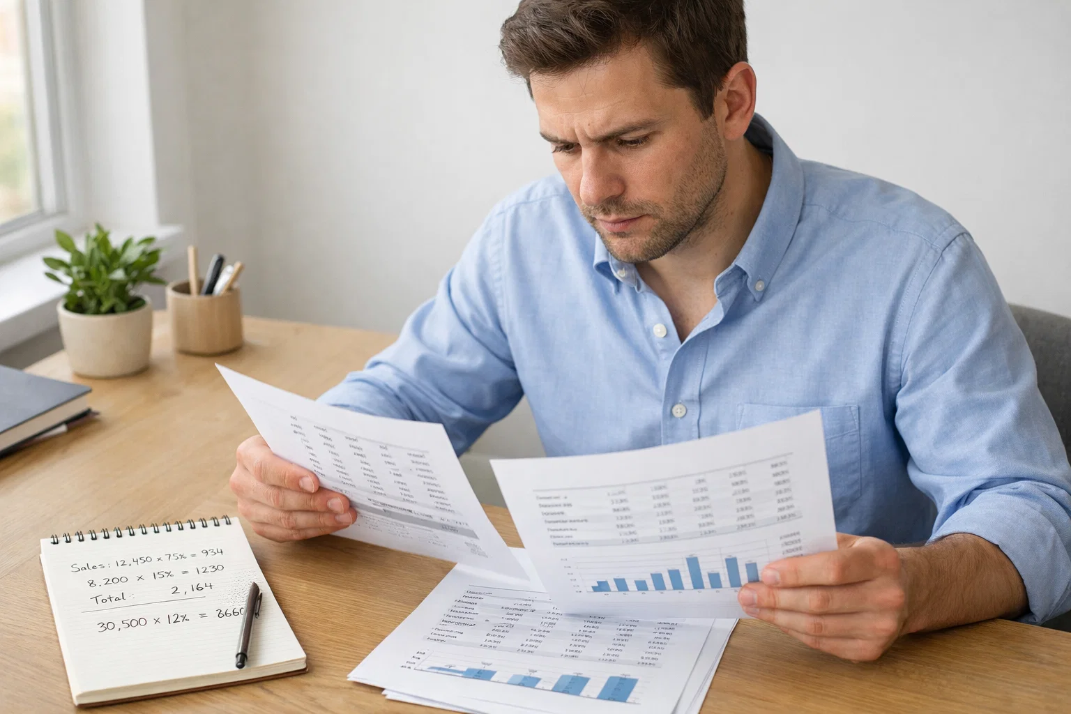 Persona che studia numeri e percentuali su documenti