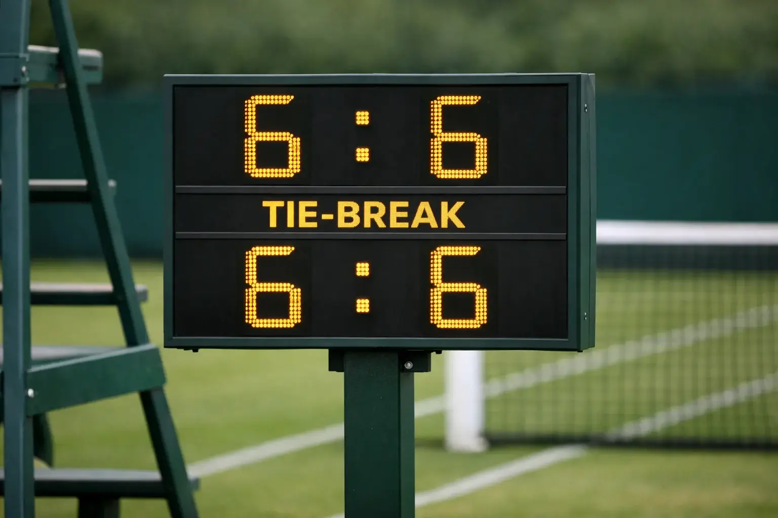 Tabellone segnapunti che mostra un punteggio 6-6 durante un set di tennis su campo in erba
