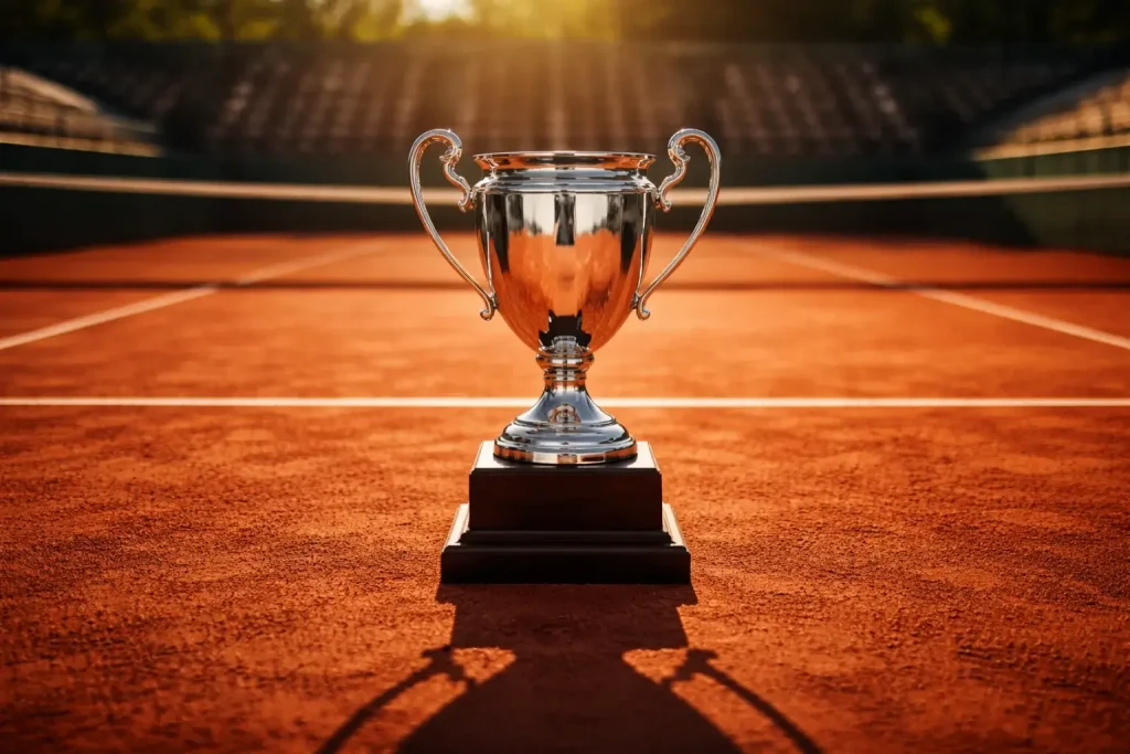 Trofeo da tennis su un piedistallo al centro di un campo in terra battuta illuminato dal sole
