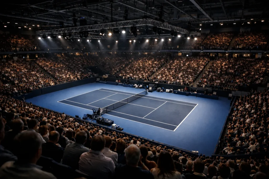 Arena indoor del Pala Alpitour di Torino con il campo da tennis illuminato e le tribune piene di spettatori