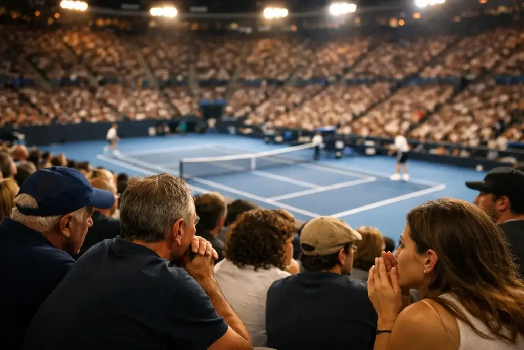 Pubblico concentrato sugli spalti di un torneo di tennis con il campo illuminato sullo sfondo