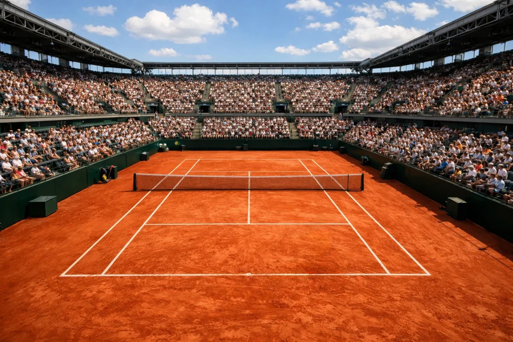 Campo centrale del Roland Garros con la terra battuta rossa e le tribune verdi durante una giornata di sole
