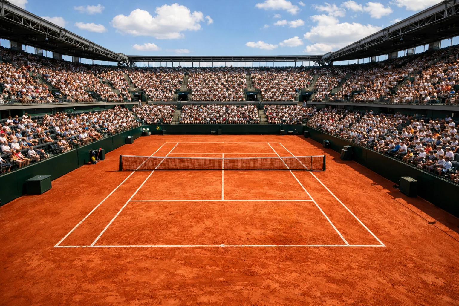 Campo centrale del Roland Garros con la terra battuta rossa e le tribune verdi durante una giornata di sole