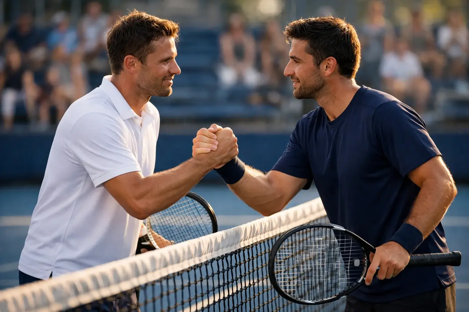 Due giocatori di tennis si stringono la mano sopra la rete dopo una partita su campo in cemento