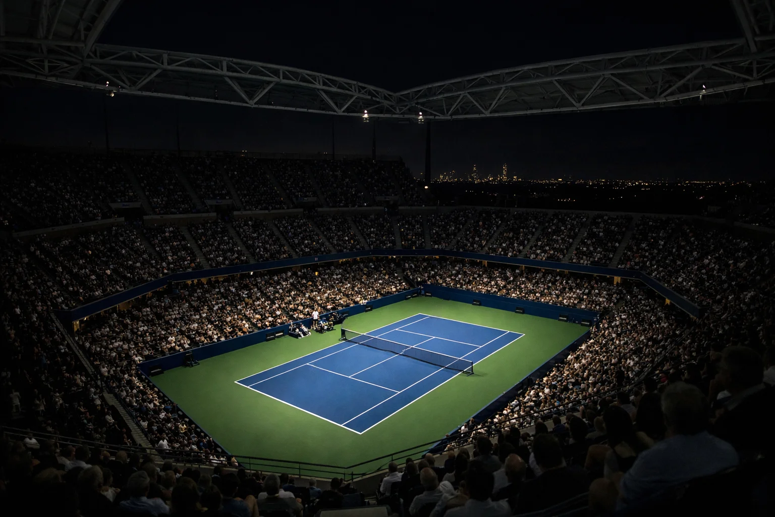 Arthur Ashe Stadium illuminato di sera durante una sessione notturna dello US Open con il campo blu