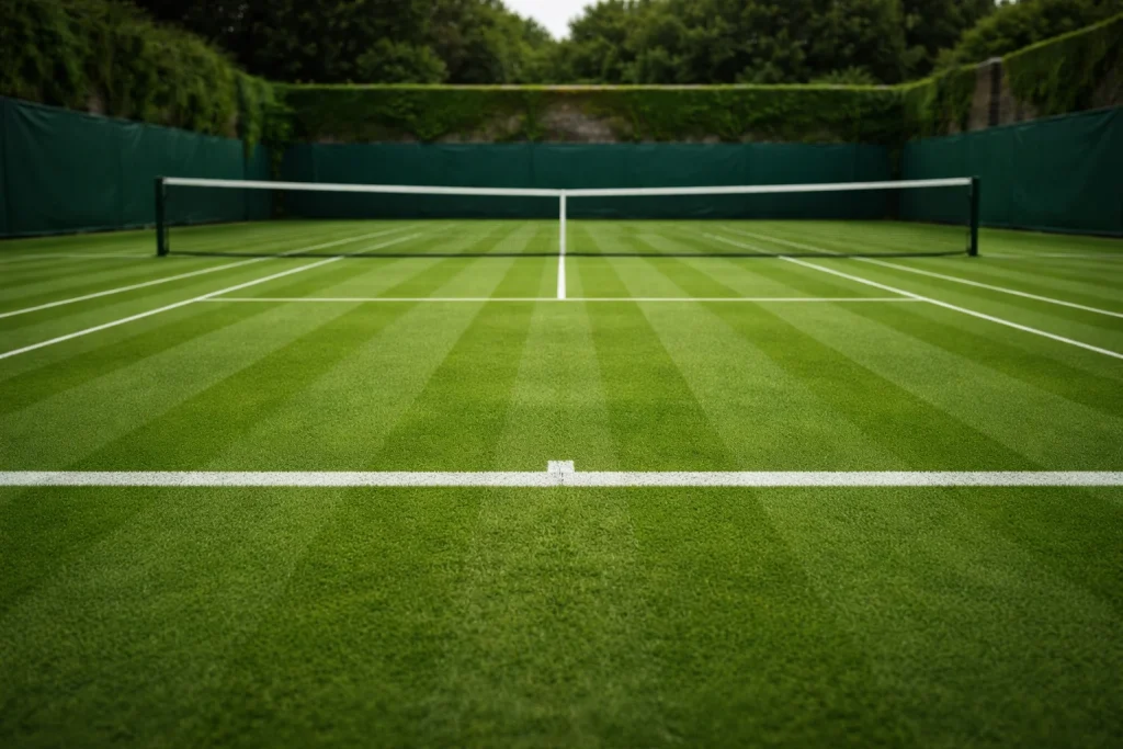 Campo in erba di Wimbledon con le righe bianche e la rete al centro visti dalla linea di fondo