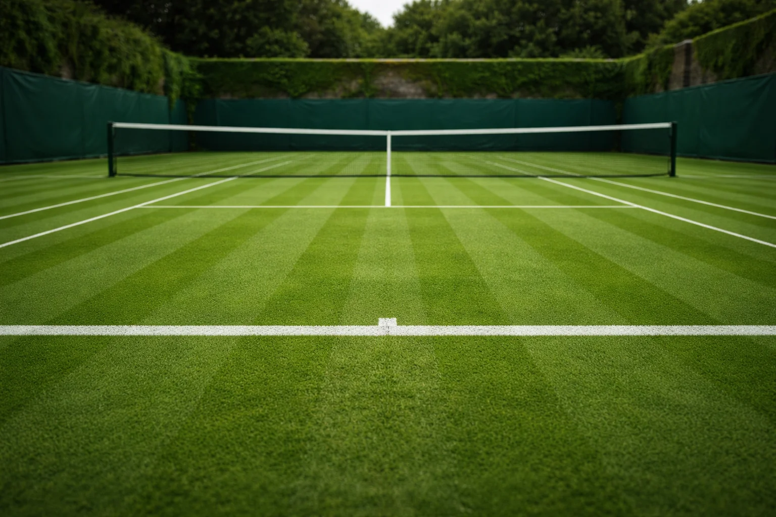 Campo in erba di Wimbledon con le righe bianche e la rete al centro visti dalla linea di fondo