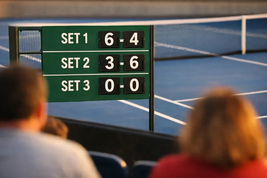 Tabellone segnapunti di un torneo di tennis visto dalla tribuna con campo sullo sfondo