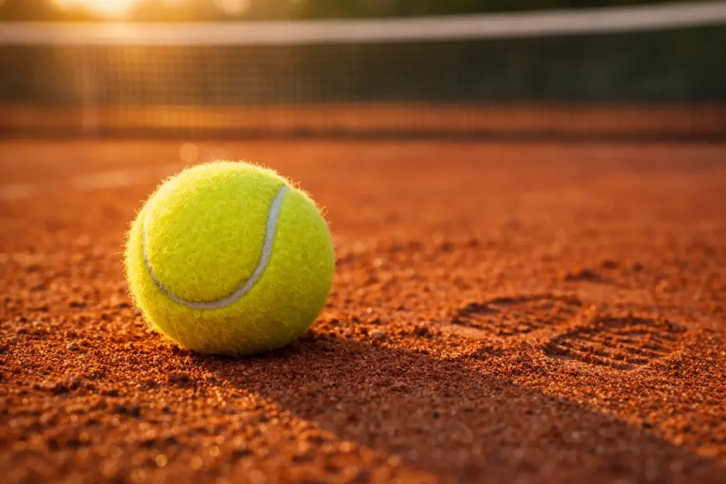 Pallina da tennis su campo in terra battuta con rete sullo sfondo al tramonto