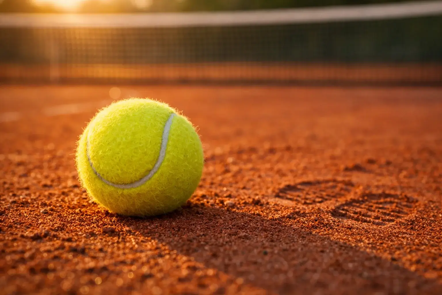 Pallina da tennis su campo in terra battuta con rete sullo sfondo al tramonto