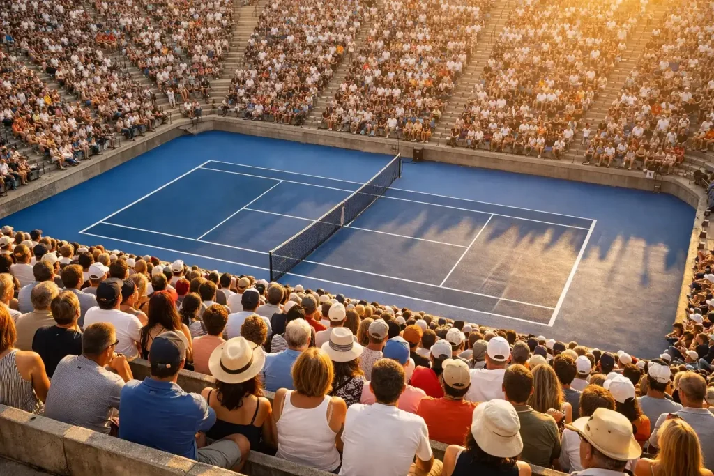 Tribuna di un torneo di tennis con spettatori e campo in cemento sullo sfondo