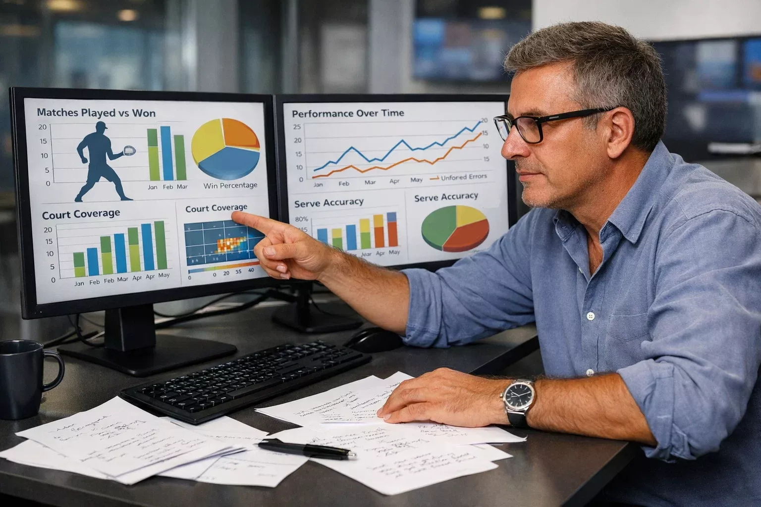 Analista sportivo che studia statistiche di tennisti con grafici su schermo