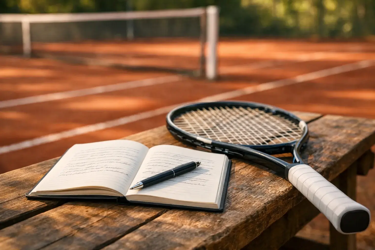 Quaderno aperto con appunti e penna accanto a una racchetta da tennis su una panchina del campo