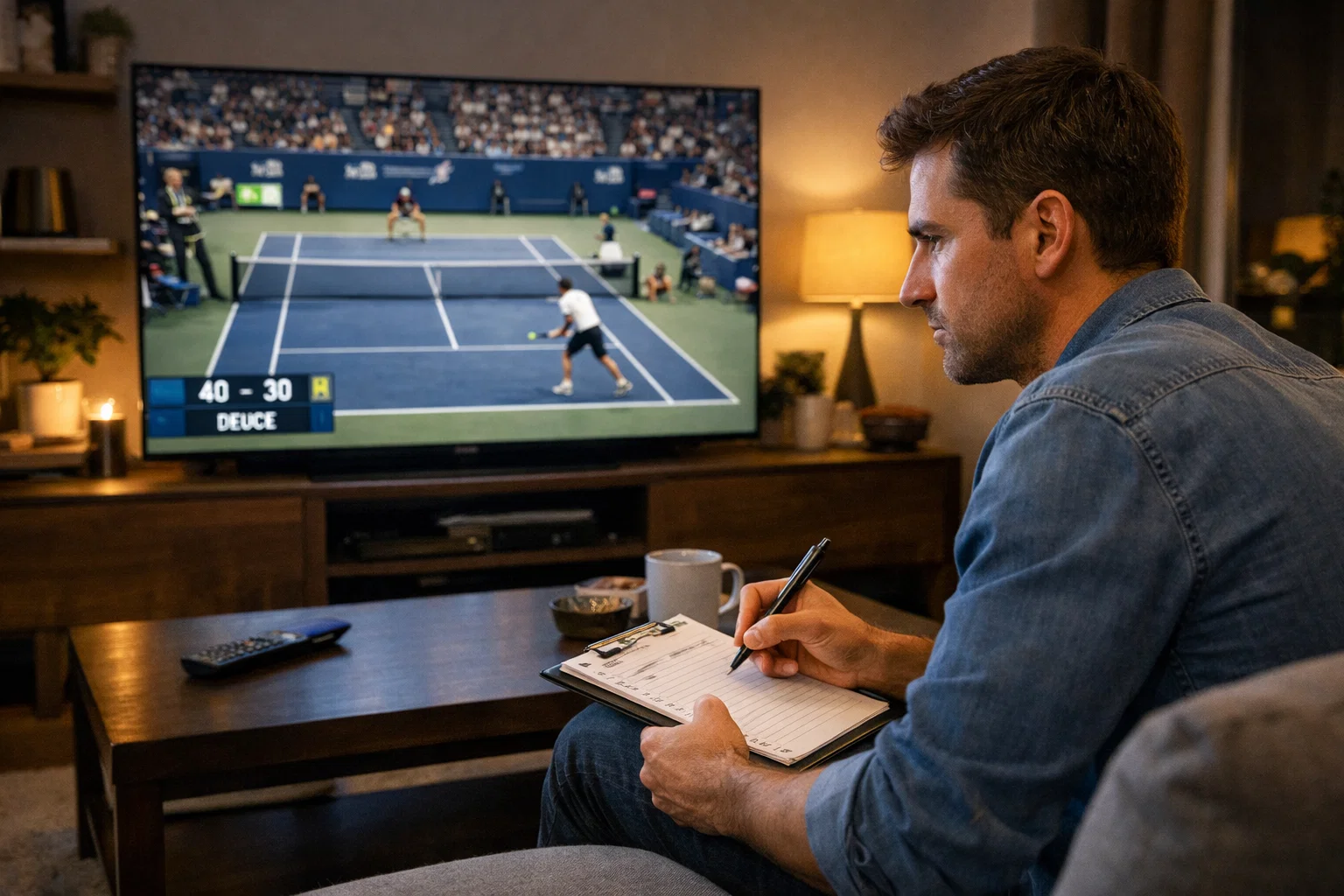 Appassionato che osserva attentamente una partita di tennis