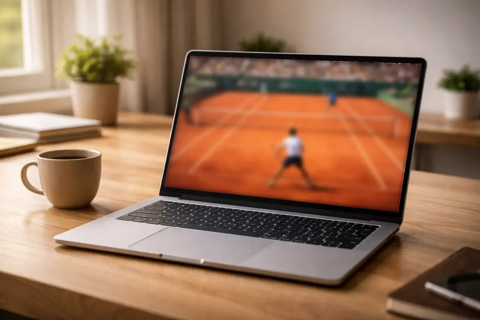 Schermo di un laptop che mostra una partita di tennis in diretta su un campo in terra battuta