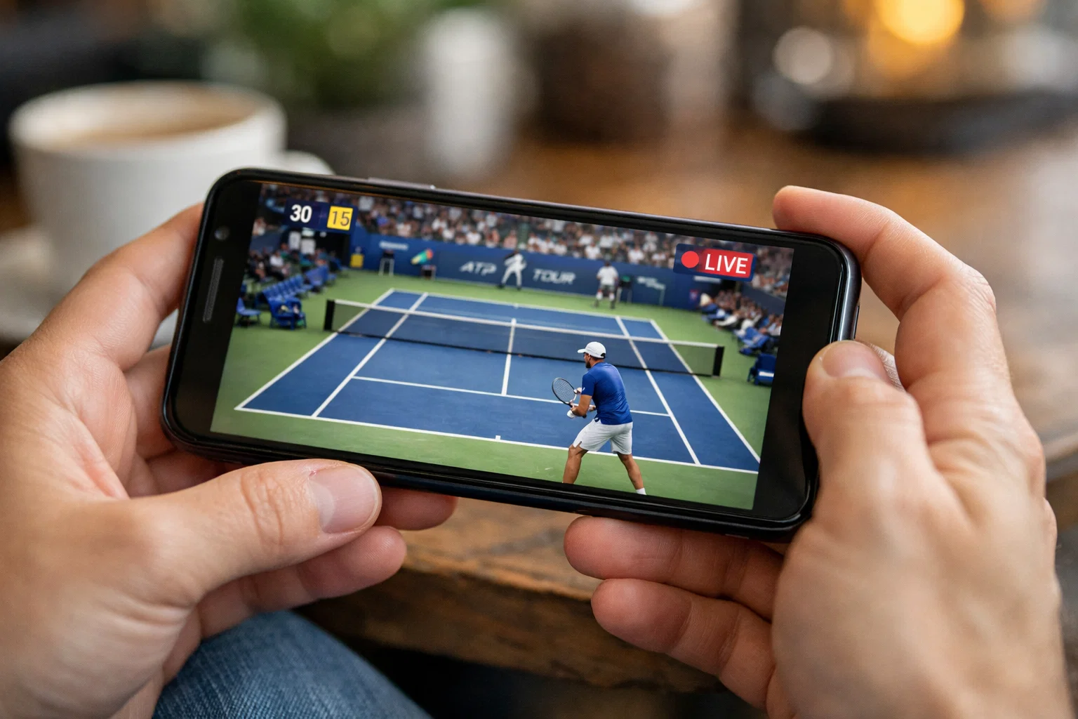 Smartphone con streaming live di una partita di tennis